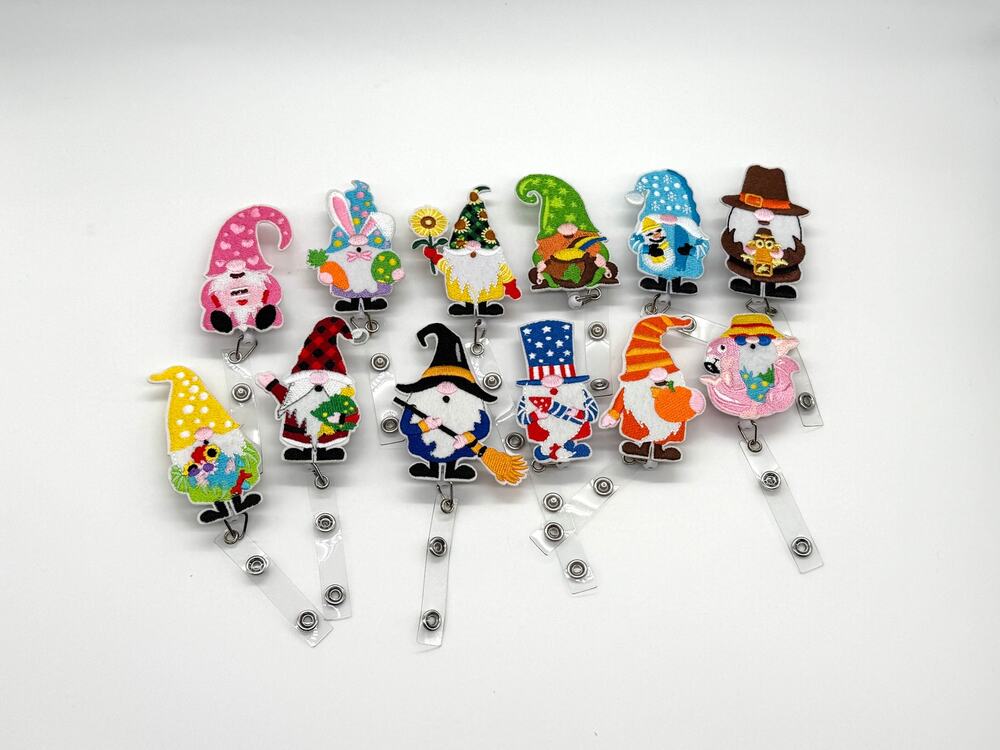 12 Gnome Badge Reel Lot Retractable ID Holders Nurse Teacher Holiday Seasonal